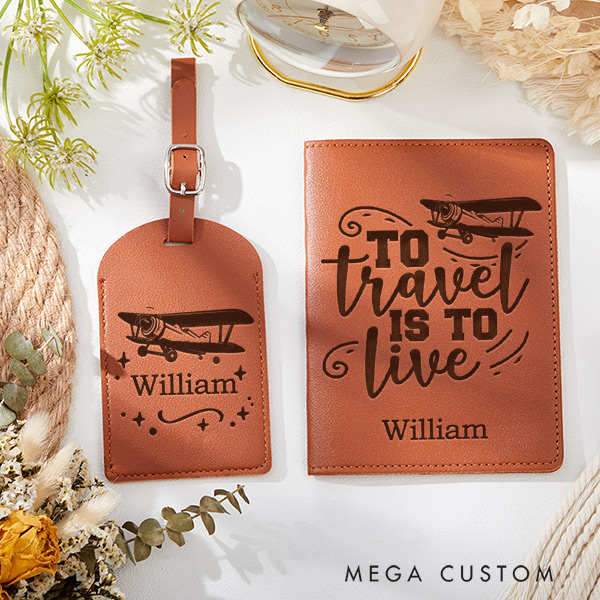 Personalized to Travel Is to Live Passport Holder and Luggage Tag Set for Traveling Lovers Personalized Travel Gifts