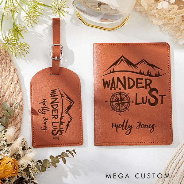 Personalized Wanderlust Engraved Leather Passport Holder and Luggage Tag Set Gift for Traveling Lovers Cool Travelers Gift