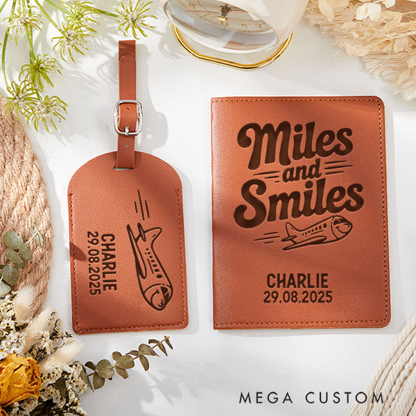 Personalized Miles and Smiles Passport Holder and Luggage Tag Set for Traveling Lovers Personalized Travel Gifts