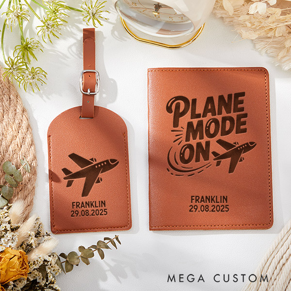 Personalized Plane Mode on Passport Holder and Luggage Tag Set for Traveling Lovers Leather Traveling Passport Wallet Gift