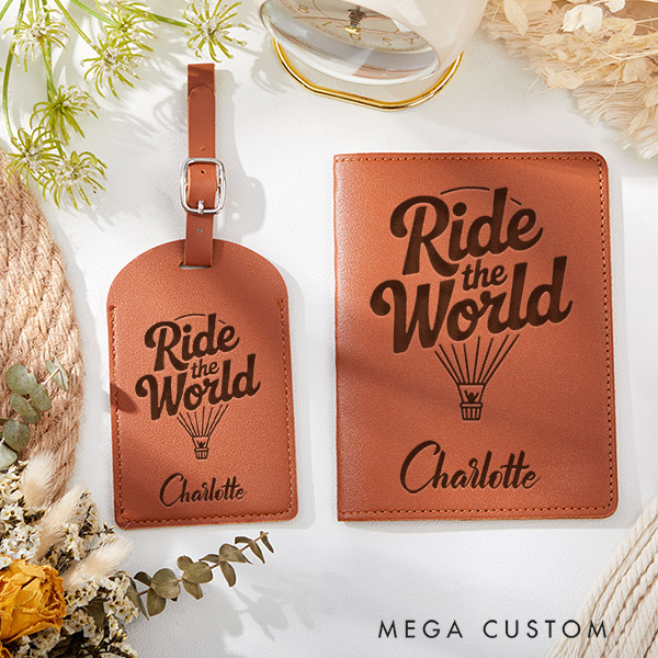 Personalized Ride the World Passport Holder and Luggage Tag Set for Traveling Lovers Leather Traveling Passport Wallet Gift