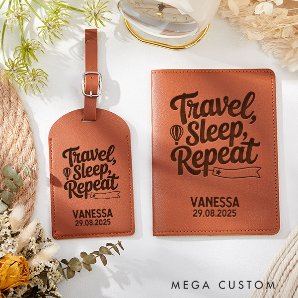 Personalized Travel Sleep Repeat Passport Holder and Luggage Tag Set Custom Gift for Traveling Lovers