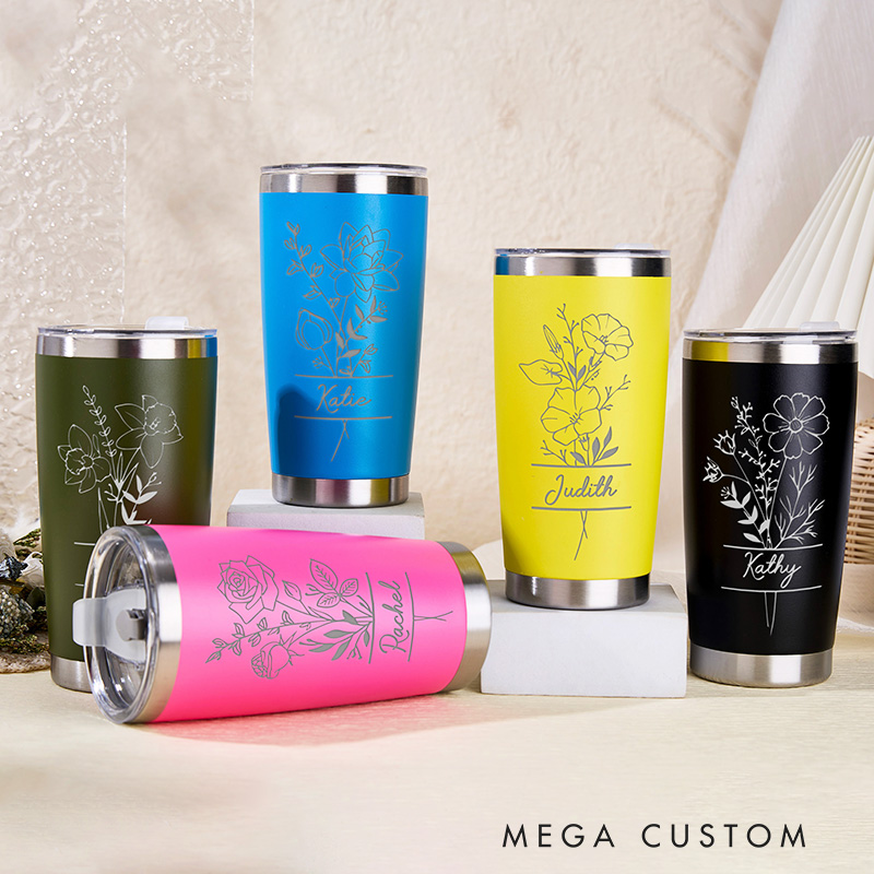 Personalized Birh Flower 20 oz Tumbler Laser Engraved Tumbler Stainless Steel Water Cup