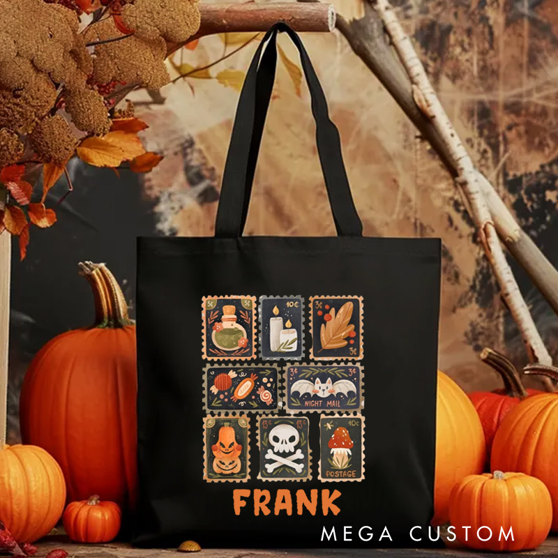 Personalised Autumn Stamps Canvas Tote Bag with Name Halloween Stamps Tote Trick or Treat Bag Ghouls Gift