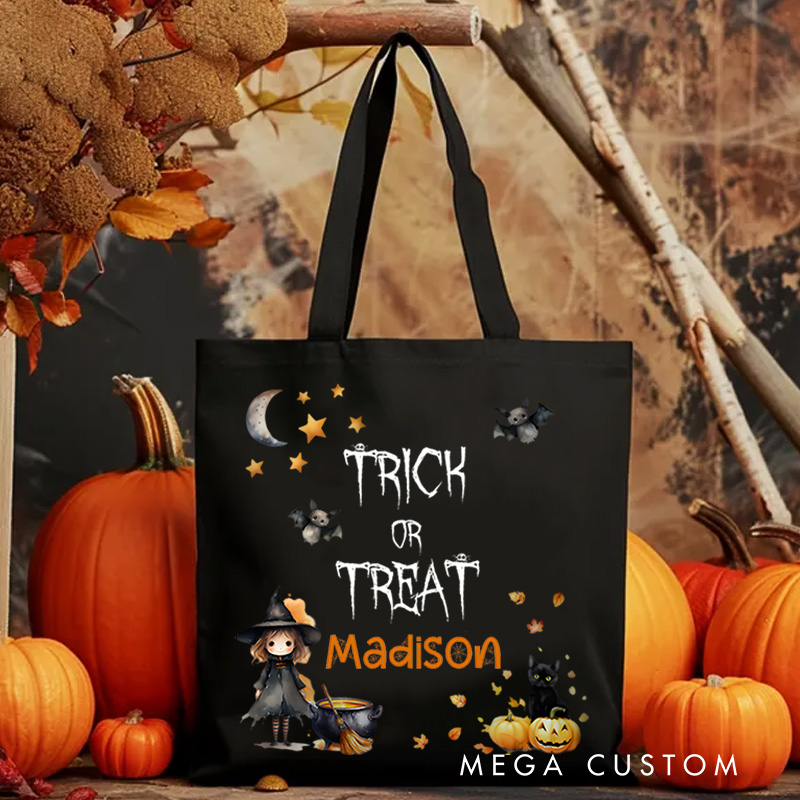 Personalized Trick or Treat Illustration Featuring Witch Cat and Name for a Spooky Halloween Accent Tote Bag