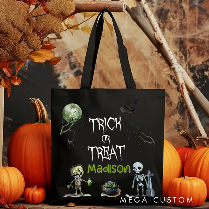 Personalized Trick or Treat Illustration Featuring Skeleton Bat and Name for a Creepy Halloween Decoration Tote Bag