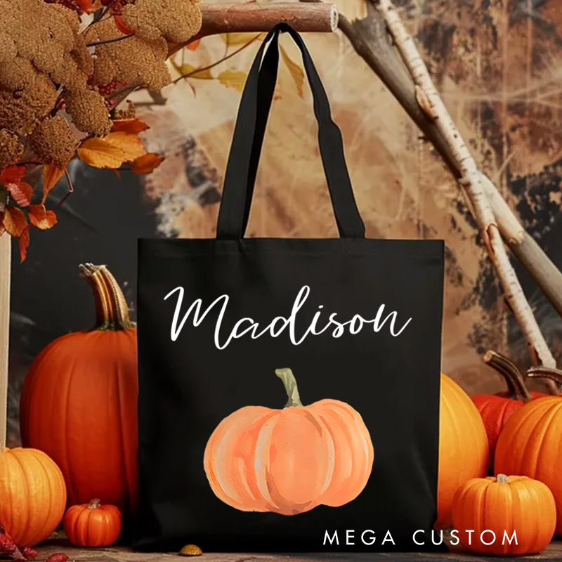 Personalized Pumpkin Illustration Featuring Name for a Festive and Autumn Inspired Halloween Accent Tote Bag