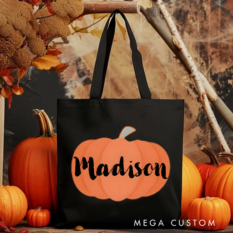 Personalized Pumpkin Illustration Featuring Name with Bold Lettering for a Fun Halloween Celebration Tote Bag