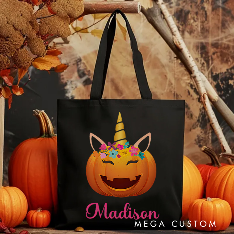Personalized Pumpkin Illustration with Floral Crown Featuring Name for a Unique Halloween Accent Tote Bag