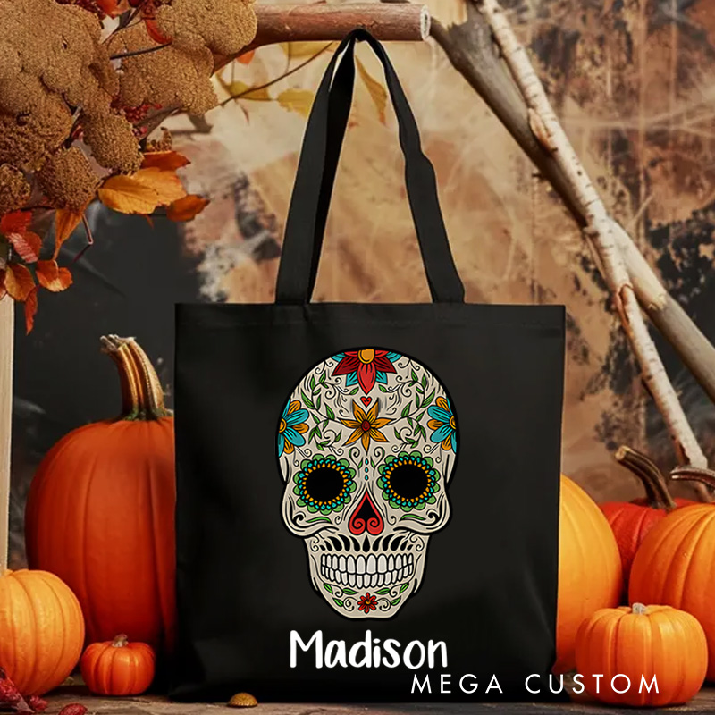 Personalized Sugar Skull Illustration Featuring Name for a Colorful and Festive Halloween Decoration Tote Bag