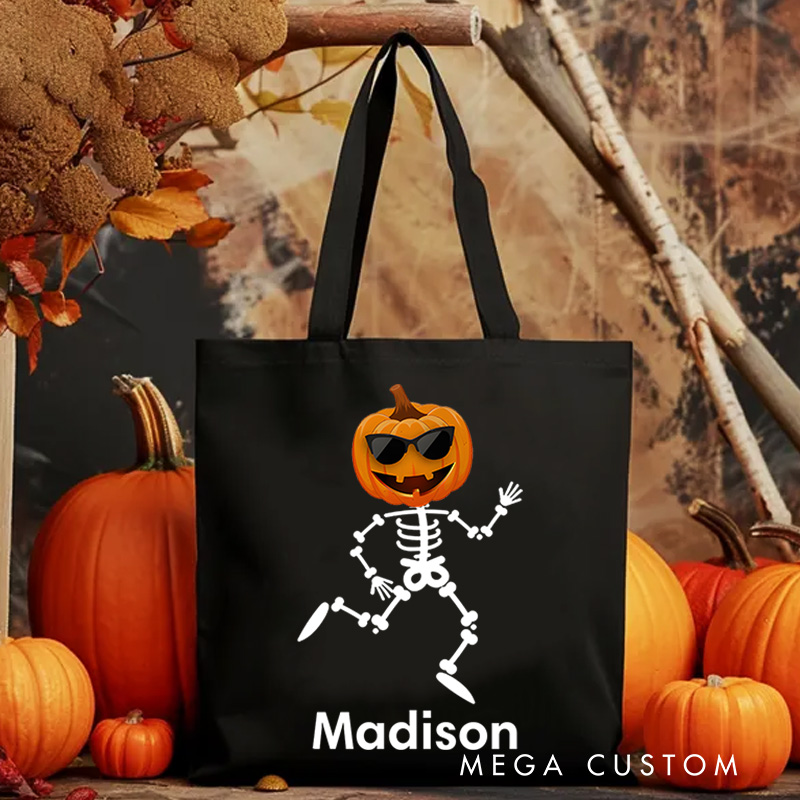 Personalized Skeleton Illustration with Pumpkin Head Featuring Name for a Playful Halloween Accent Tote Bag