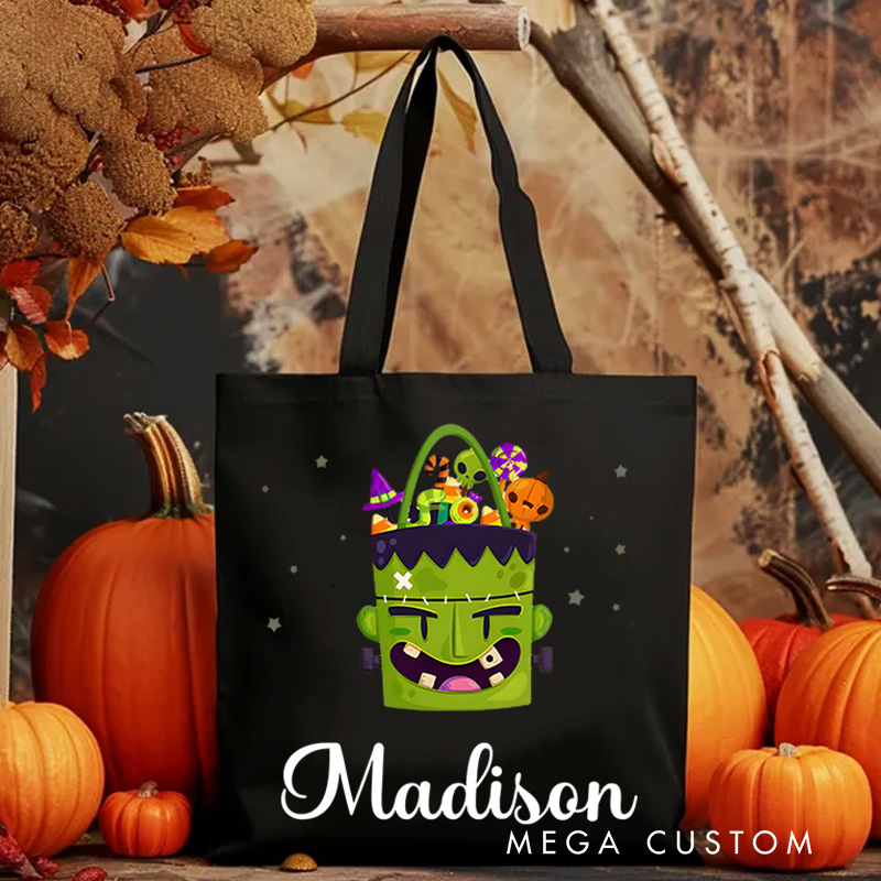 Personalized Frankenstein Illustration Featuring Name for a Fun and Spooky Halloween Celebration Tote Bag