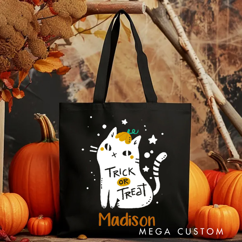Personalized Black Cat Trick or Treat Illustration Featuring Name for a Cute and Spooky Halloween Accent Tote Bag