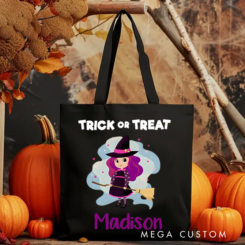 Personalized Witch Trick or Treat Illustration Featuring Name for a Fun and Spooky Halloween Celebration Tote Bag