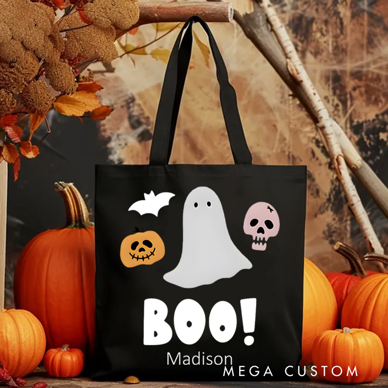Personalized Boo Ghost Illustration Featuring Name for a Fun and Spooky Halloween Decoration Tote Bag