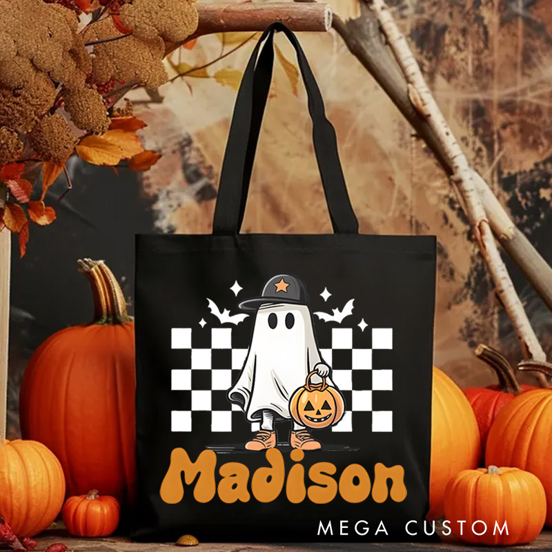 Personalized Ghost and Checkered Pattern Illustration Featuring Name for a Unique Halloween Accent Tote Bag