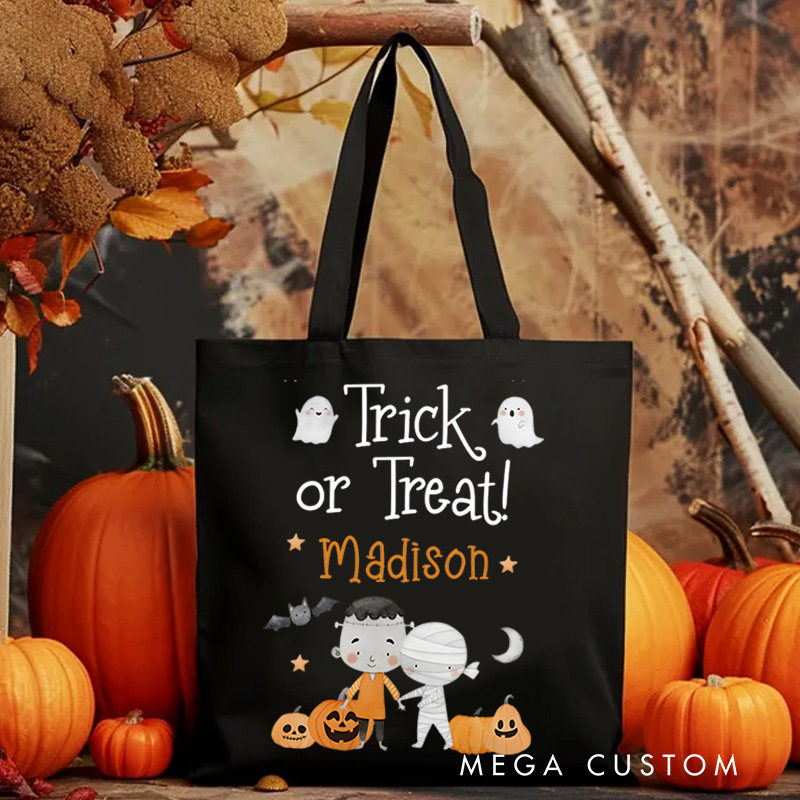 Personalized Trick or Treat Illustration Featuring Ghosts Bats and Name for a Festive Halloween Celebration Tote Bag