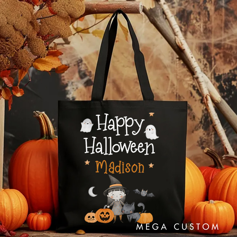 Personalized Happy Halloween Illustration Featuring Ghosts Pumpkins and Name for a Delightful Halloween Accent Tote Bag
