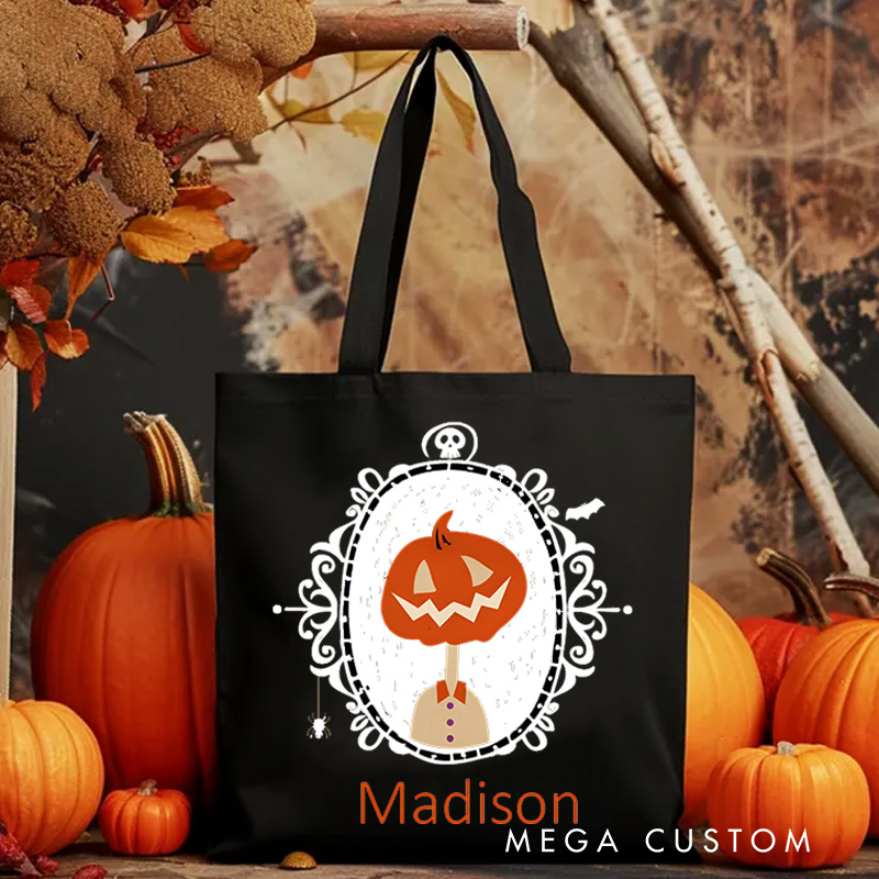 Personalized Pumpkin Illustration in Ornate Frame Featuring Name for a Sophisticated Halloween Decoration Tote Bag