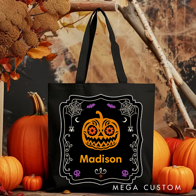 Personalized Halloween Pumpkin Illustration Featuring Name with Elegant Frame for a Stylish Halloween Accent Tote Bag