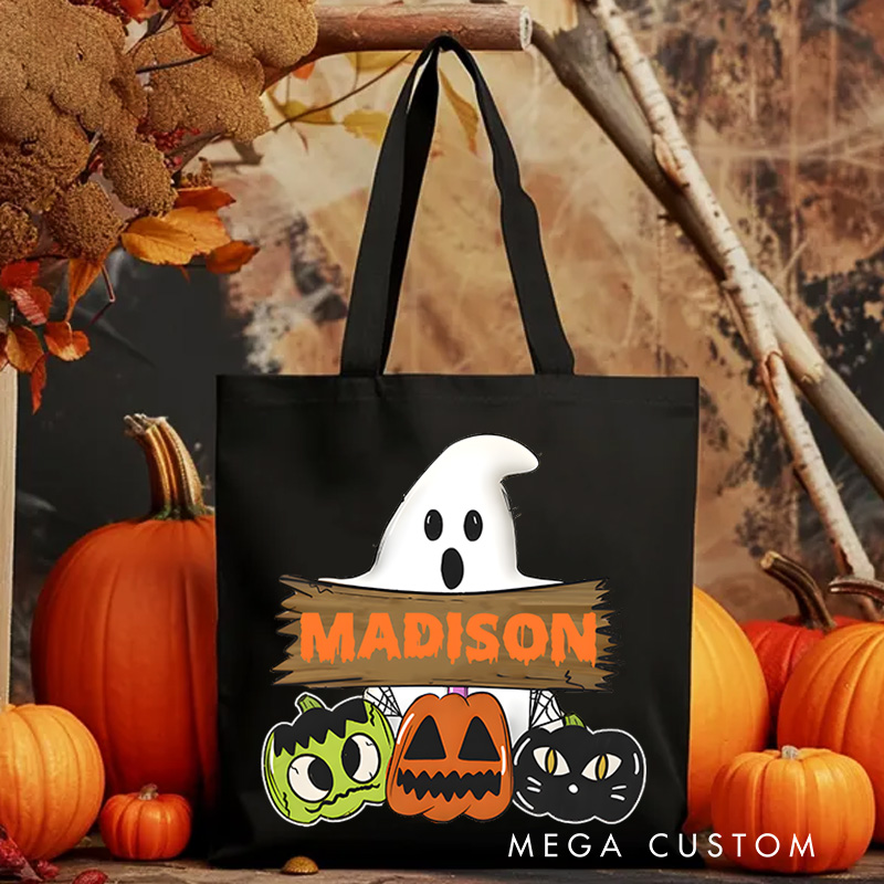 Personalized Ghost and Pumpkin Illustration Featuring Name for a Cute and Festive Halloween Accent Tote Bag