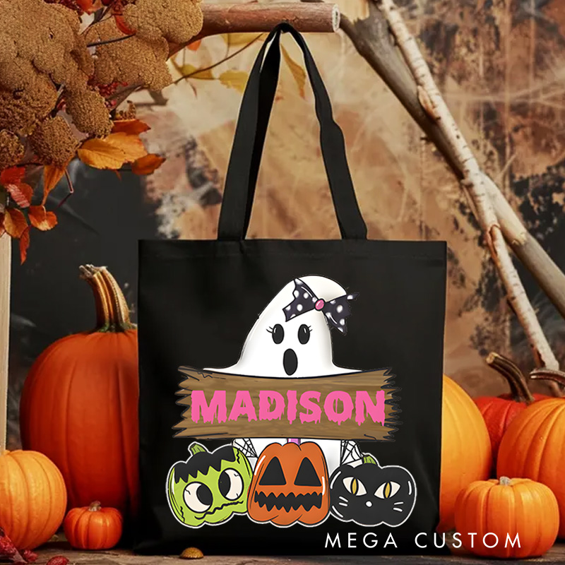 Personalized Ghost and Pumpkin Illustration Featuring Name with Playful Details for a Halloween Celebration Tote Bag