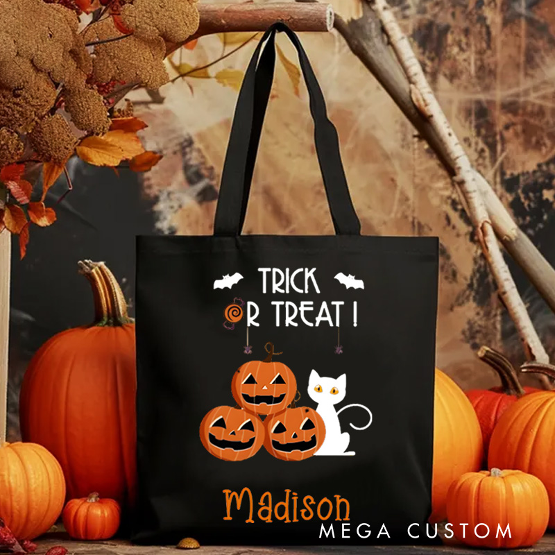 Personalized Trick or Treat Featuring Pumpkins Cats and Bats for a Fun Halloween Accent Tote Bag
