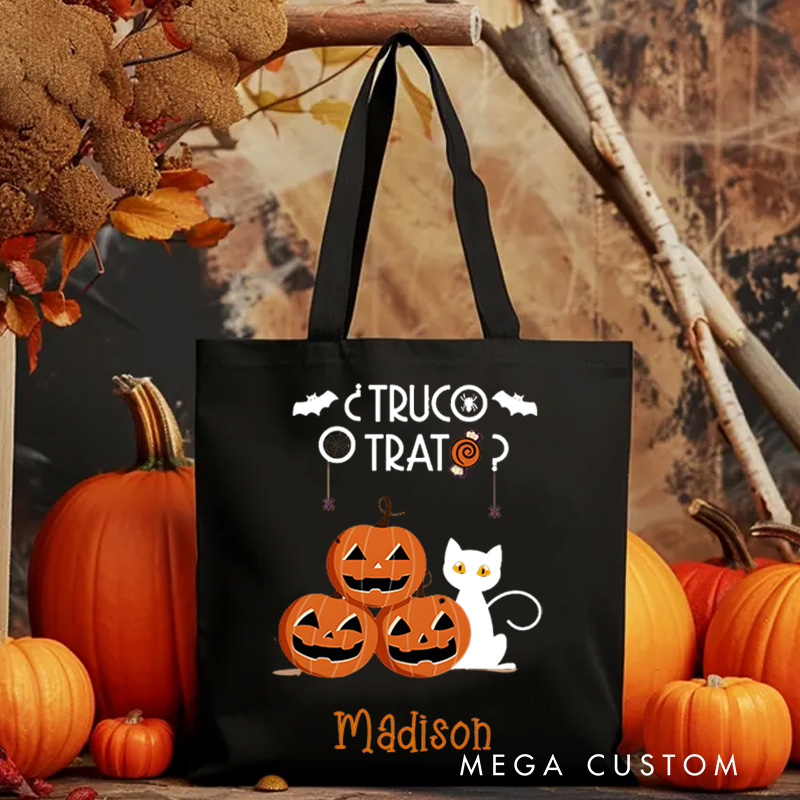 Personalized Trick or Treat Featuring Pumpkins and Cats for a Fun Halloween Celebration Tote Bag