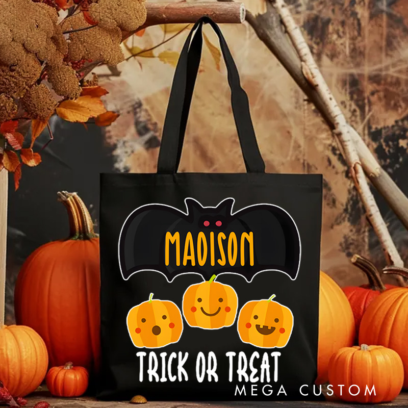 Personalized Bat and Pumpkin Featuring Name for a Spooky and Playful Trick or Treat Tote Bag