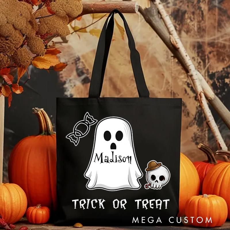 Personalized Ghost Featuring Name and Skull Accents for a Cute Halloween Celebration Tote Bag
