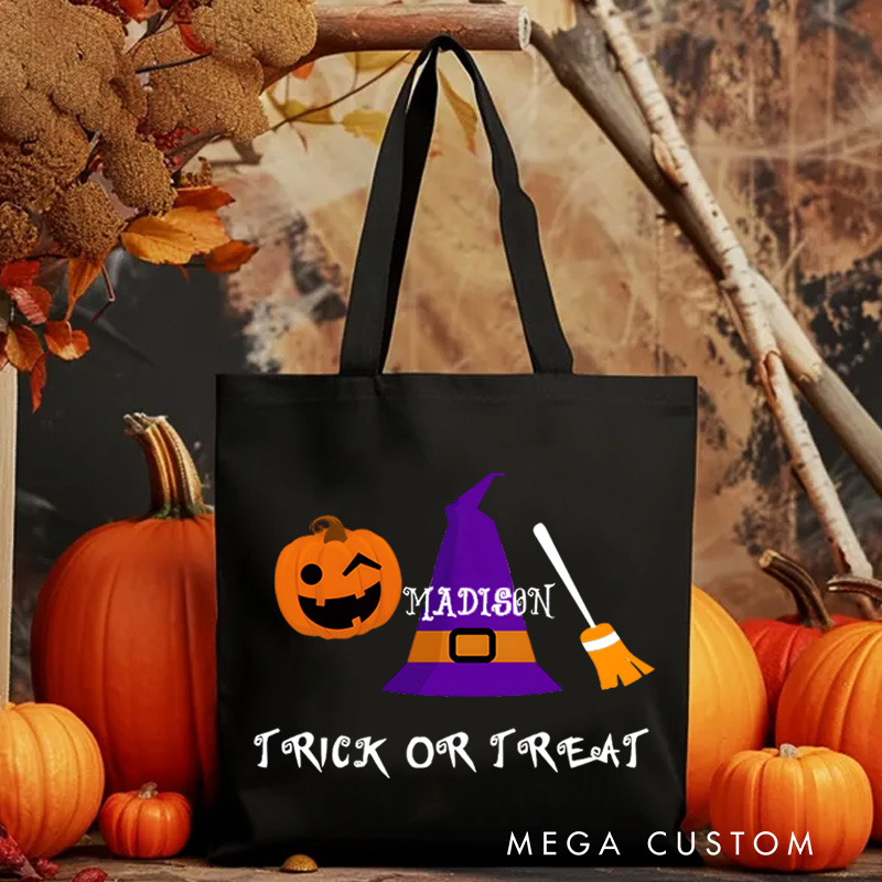 Personalized Witch Hat and Pumpkin Featuring Name for a Festive Halloween Accent Tote Bag