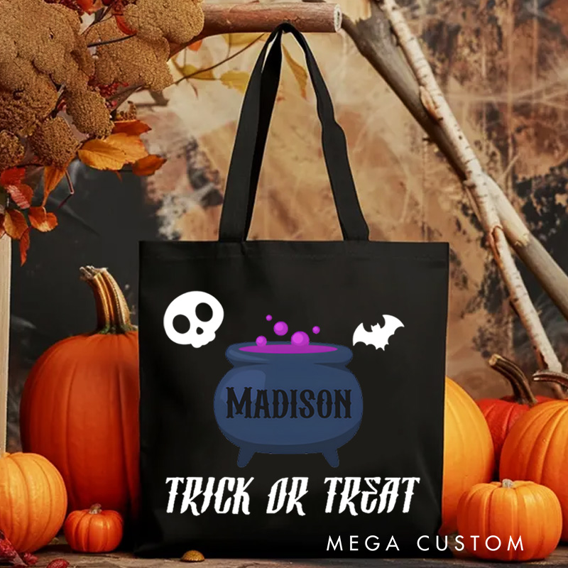 Personalized Cauldron Featuring Name and Halloween Symbols for a Spooky Trick or Treat Tote Bag