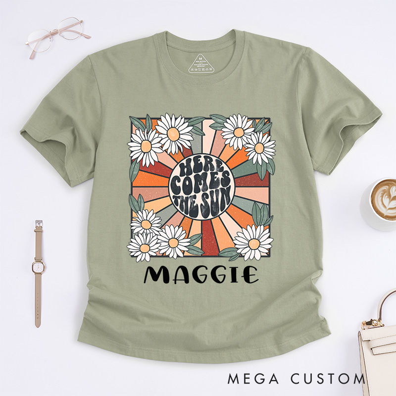 Personalized Here Comes the Sun Classic T-Shirts for Women Travel Beach Vacation T-Shirt Sunshine Tee Beatles Retro Shirts Motivational Shirt Gift