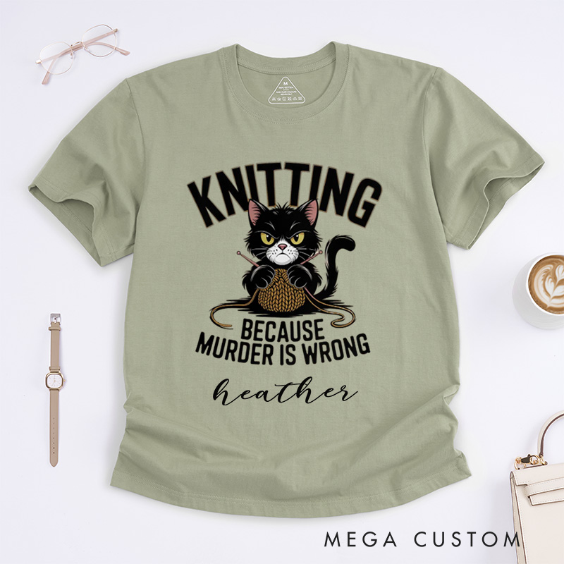 Personalized Funny Cat Knitting Classic T-Shirts Humorous Knitter Enthusiast Tee Knit T-Shirt Custom Gift 