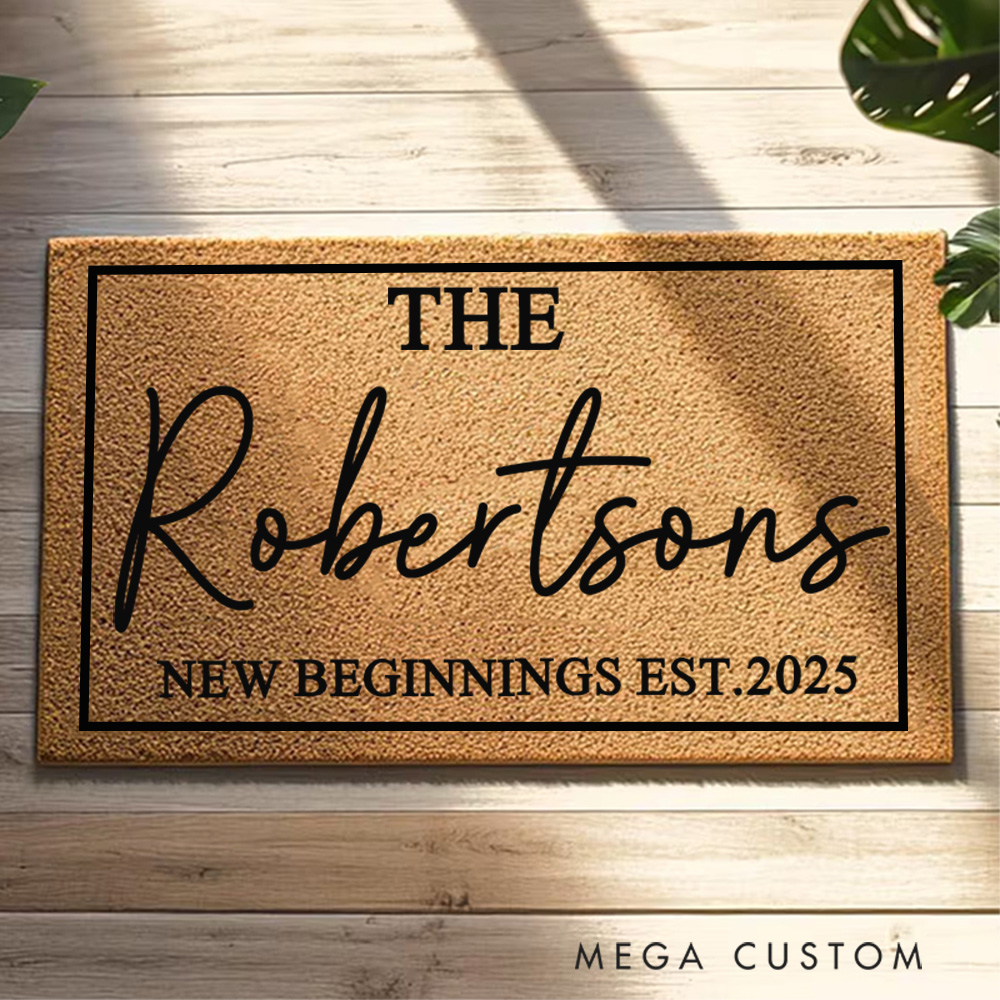Personalized Doormat Custom New Beginnings Welcome Mat With Family Name New Home Gift Housewarming Wedding Gift for Couples Christmas Gift for Family