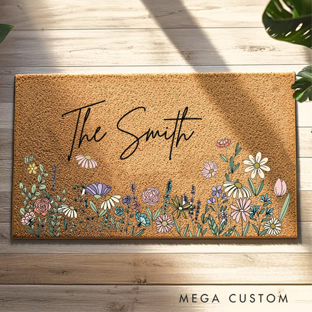 Personalized Doormat Custom Wildflowers Door Mat With Family Name Housewarming Wedding Gift for Couples First Home Gift New Home Gift 