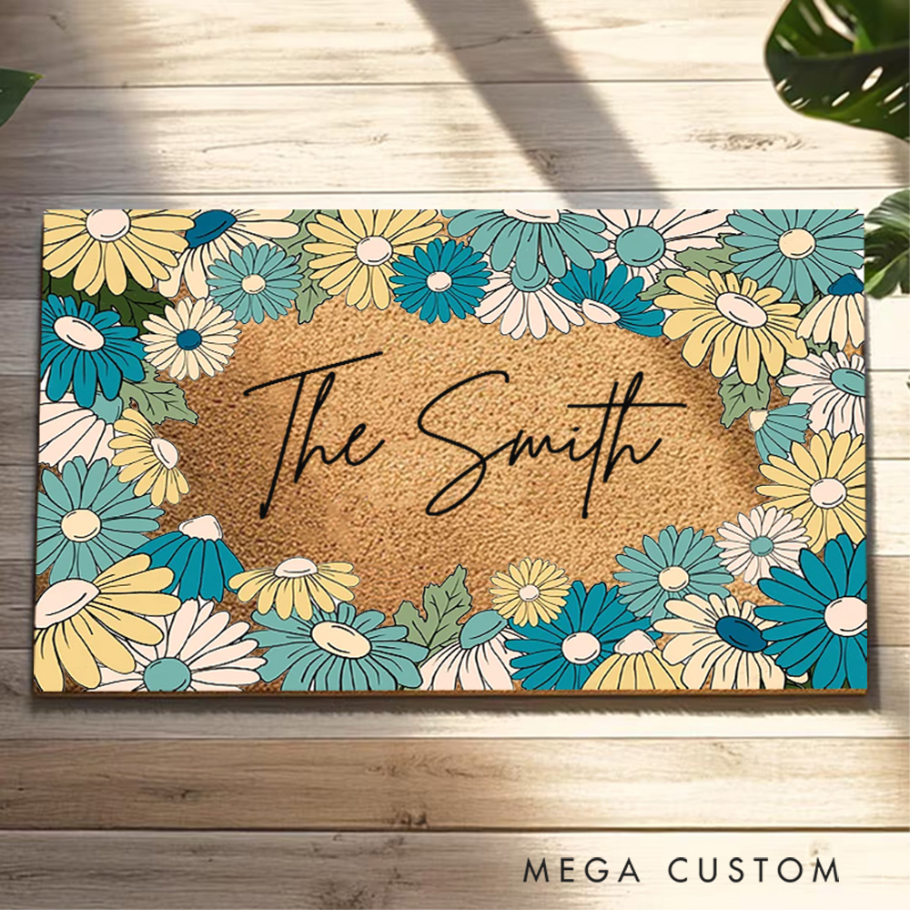 Personalized Doormat Custom Blue Flowers Door Mat With Family Name New Home Gift Housewarming Wedding Gift for Couples Christmas Gift First Home Gift