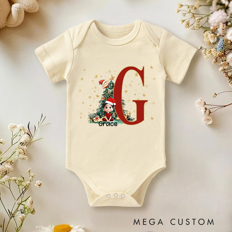 Personalized Cartoon Character Holly Bow Initial Bodysuit with Name Christmas Party Gifts for Baby
