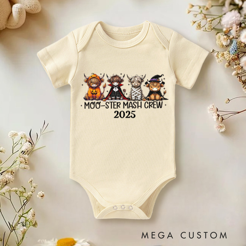 Personalized Highland Cow Halloween Onesie Fall Baby Bodysuit Cute Halloween Cow Onesie Monster Moo Crew Baby Body Suit Funny Highland Cow Baby Romper