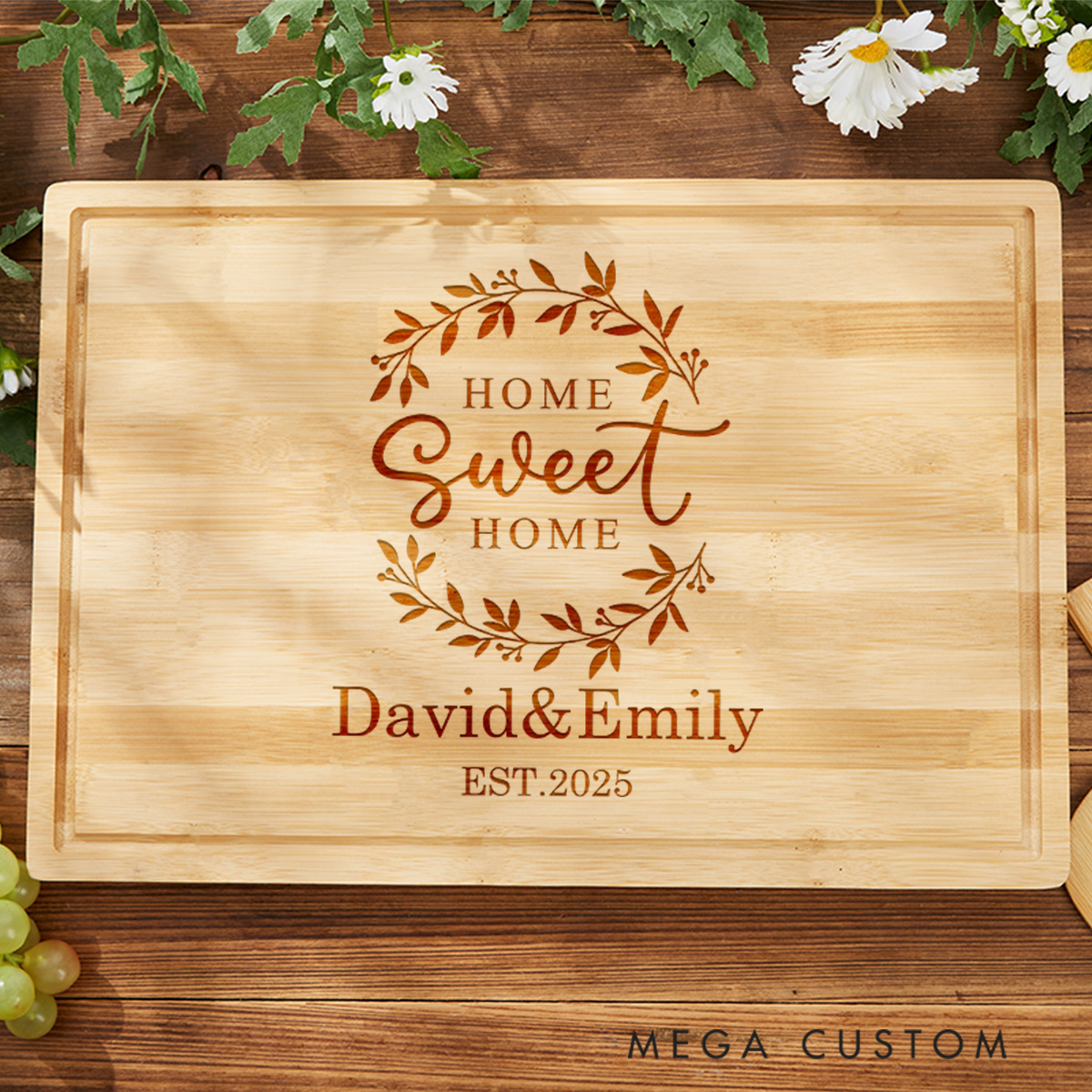 Personalized Housewarming Cutting Board Home Sweet Home Wreath Design with Custom Names New Home Gift Wooden Charcuterie Board