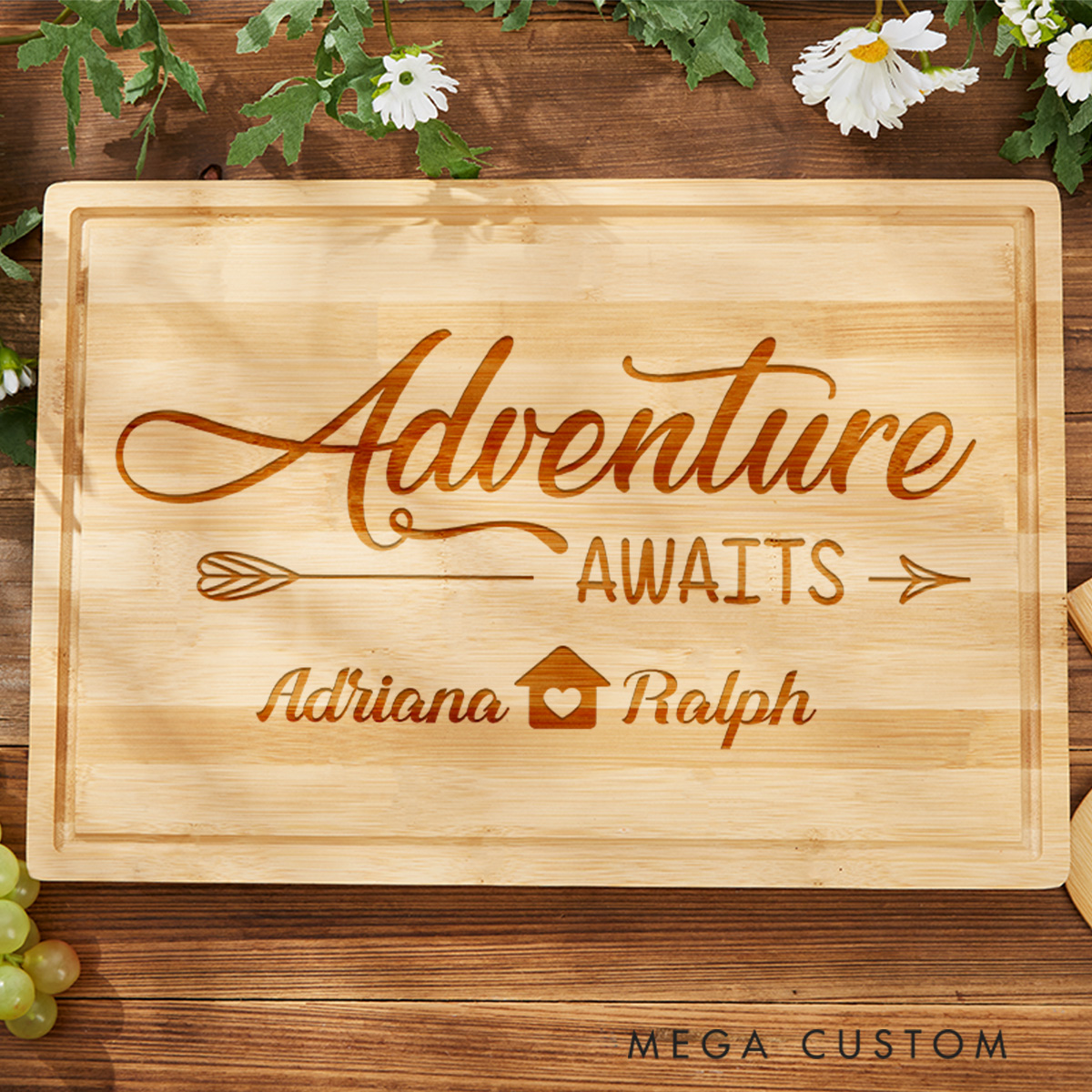Personalized Wooden Charcuterie Board Housewarming Cutting Board Adventure Awaits Mountain Design with Custom Family Name Unique New Home Gift