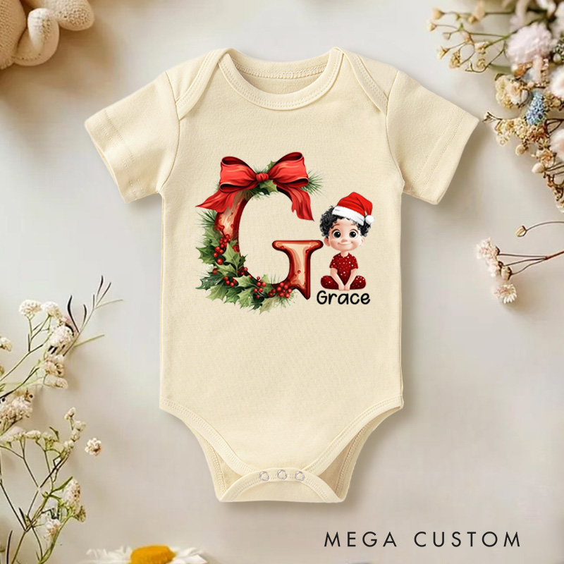 Personalized Cartoon Character Holly Bow Initial Bodysuit with Name Christmas Party Gift for Baby