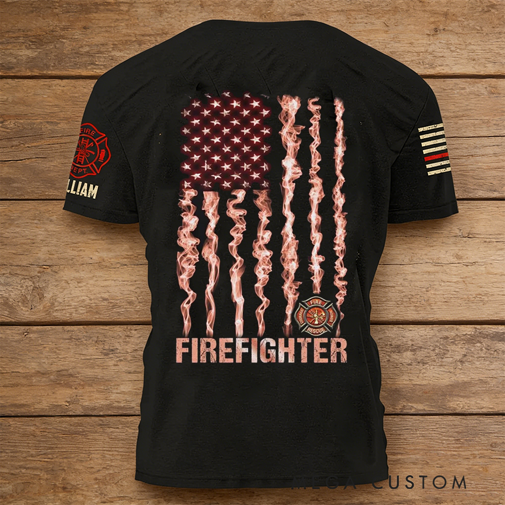 Personalized Firefighter T-Shirt with Smoky American Flag Design Perfect Custom Gift for Heroes
