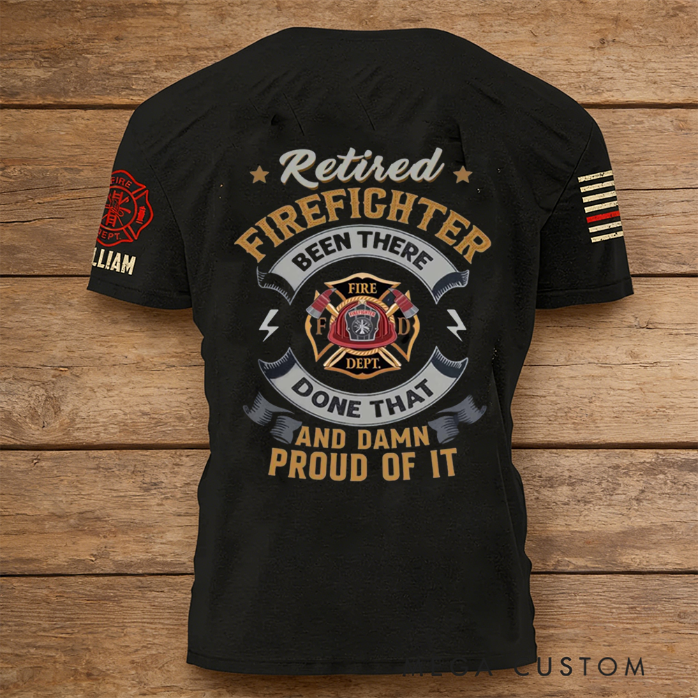 Personalized Retired Firefighter T-Shirt with Custom Name and Badge Design Proud Retirement Gift
