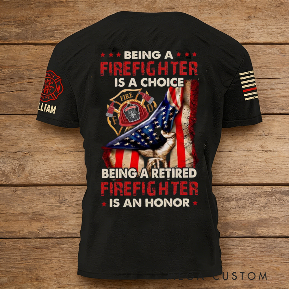Personalized Retired Firefighter T-Shirt with American Flag and Custom Name Honorable Retirement Gift