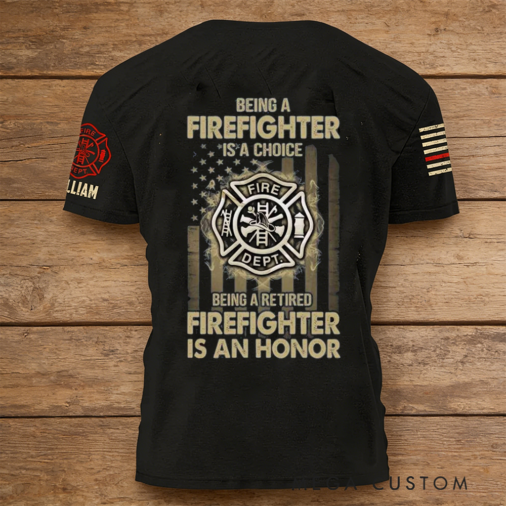 Personalized Firefighter T-Shirt with Fire Dept Emblem and Custom Name - Honoring Service and Retirement