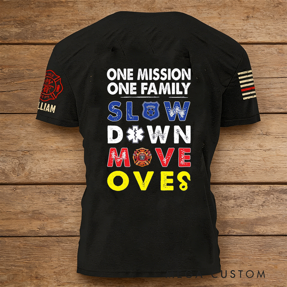 Personalized Firefighter T-Shirt with One Mission, One Family Design and Custom Name Promote Safety and Unity