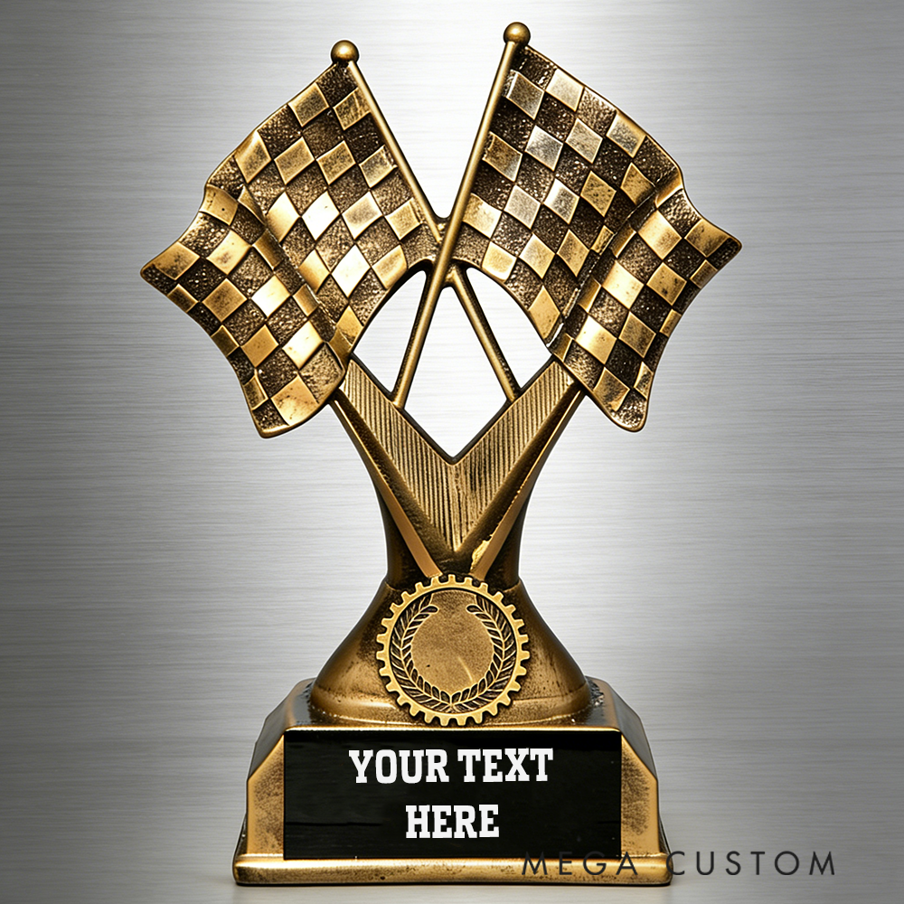 Personalized Racing Trophy with Checkered Flags Unique Gift for Motorsport Enthusiasts