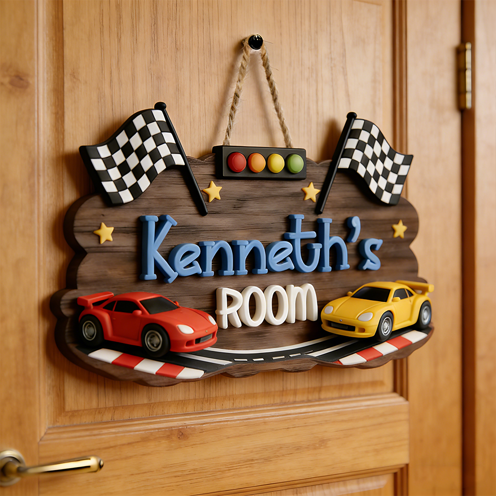 Personalized Racing Themed Door Sign for Kids Custom Room Decor 