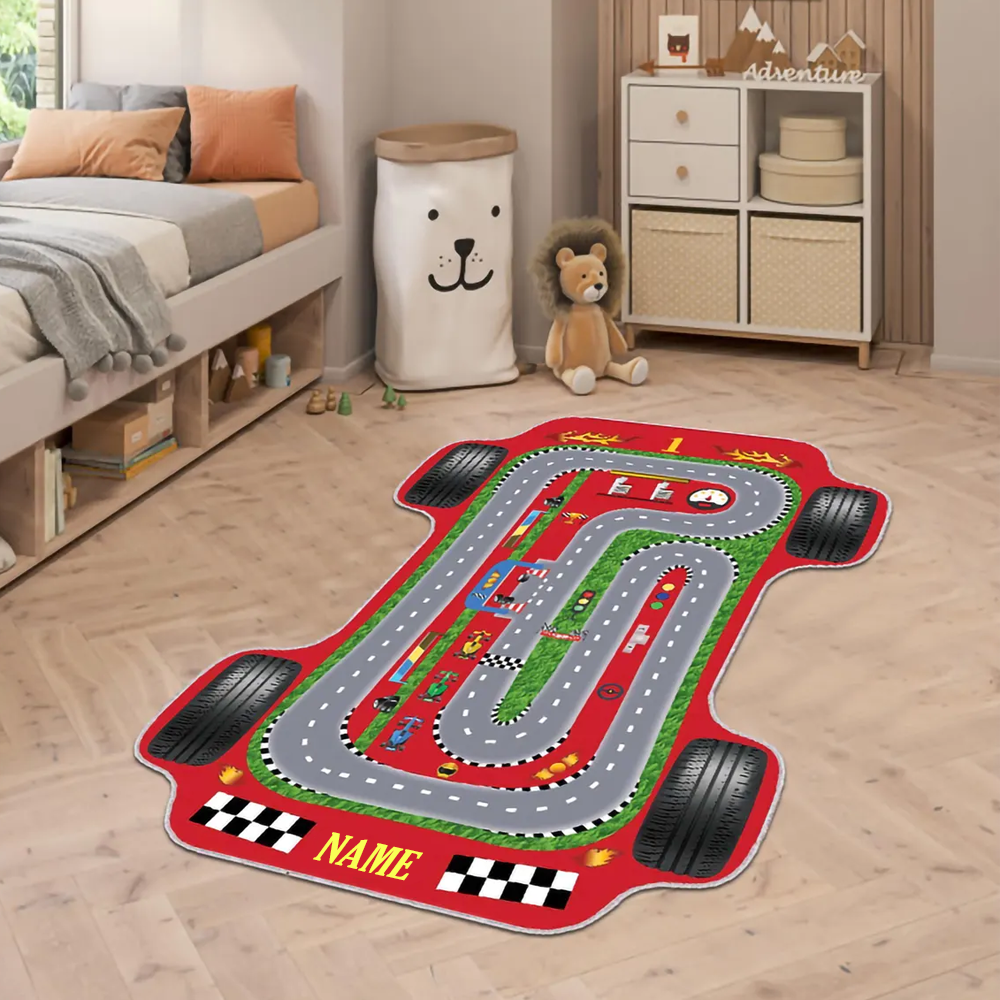 Personalized Race Car Track Plush Rug Soft Play Mat for Kids Car Enthusiasts